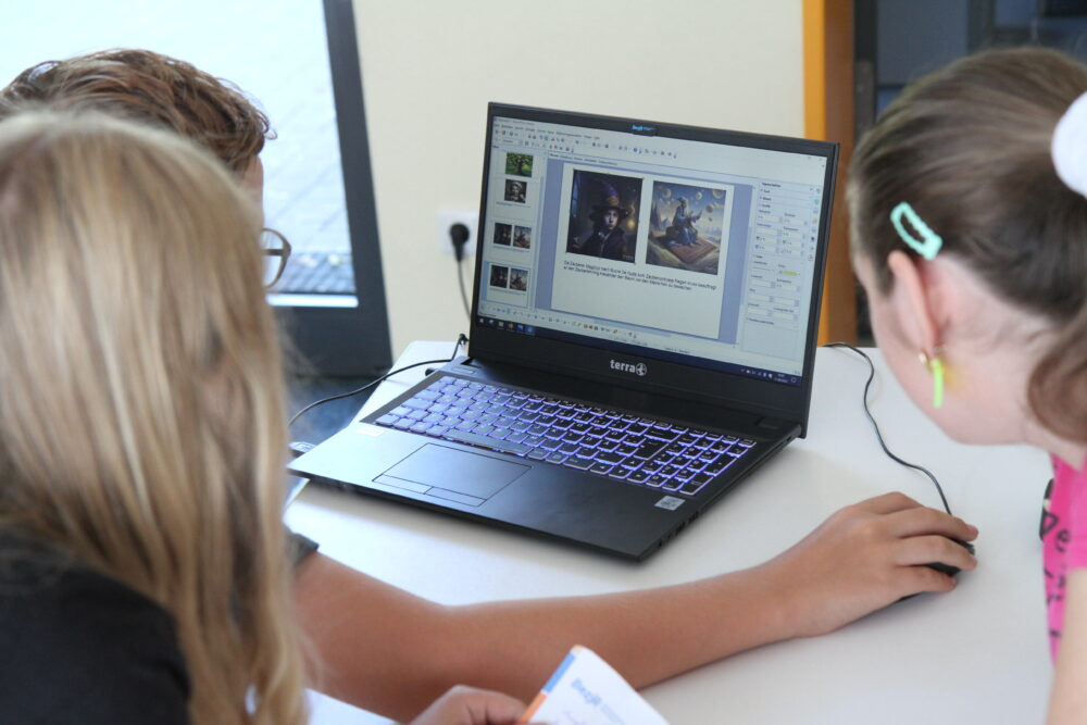 Drei Jugendlichen sitzen vor dem Laptop und erstellen Bilder mit KI