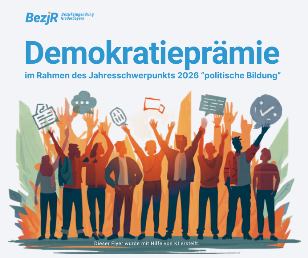 Es sind verschiedenen Menschen zu sehen, die Schilder hochhalten. Darüber steht der Text: Demokratieprämie - im Rahmen des Jahresschwerpunkts 2026 "politische Bildung"