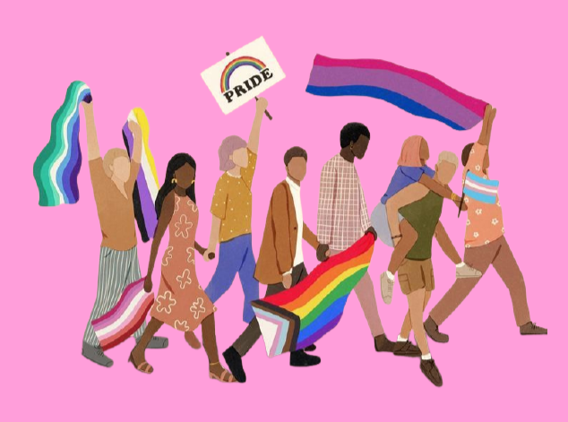 Titelseite auf rosa Hintergrund. Oben großer Titel: „Handreichung für Gender- und Queersensible Jugend(verbands)arbeit“. Darunter eine bunte Illustration: mehrere unterschiedlich gekleidete, diverse junge Menschen laufen nebeneinander und zeigen Solidarität — sie halten Regenbogen‑ und weitere Pride‑Flaggen sowie ein Schild mit der Aufschrift „PRIDE“. Die Figuren wirken verschieden in Hautfarbe, Kleidung und Erscheinungsbild, symbolisieren Vielfalt und Zusammenhalt. Unten rechts sind die Logos der Hochschule Landshut und des BezJR (Bezirksjugendring Niederbayern) angeordnet.